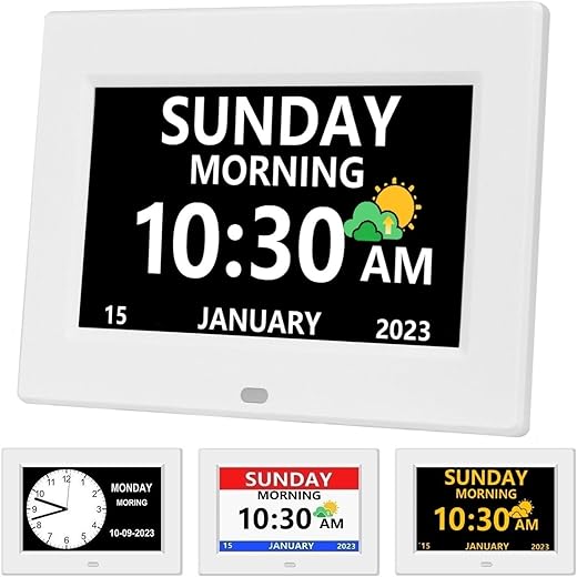 7 Inch Clock with Day and Date for Elderly Large Display Digital Clock12 Alarm 3 Medicine Reminders Large Font Dementia Clock Alarm Clock for Seniors Day Clock White