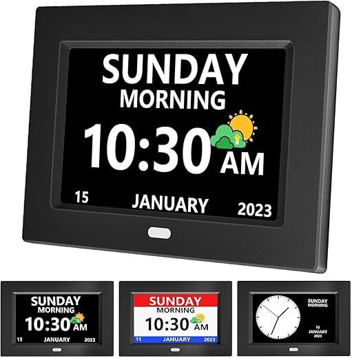 7 Inch Clock with Day and Date for Elderly Large Display Digital Clock 12 Alarms 3 Medicine Reminders Large Font Dementia Clocks Alarm Clock for Seniors Day Clock Black