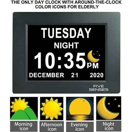 8” Digital Calendar, Clock with Day and Date for Elderly, Operated Day Clock, Digital Clock with Date and Day of Week, Digital Wall Clock, Large Digital Clock, Dementia Clock W/ Color Sun Icons