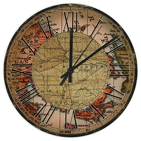 8x8inch Old World Map Travel Wall Clock, Vintage Kitchen Clock Retro Classic World Map Wall Clocks Battery Operated Silent Non-Ticking Decorative for Laundry Room Playroom Made in USA