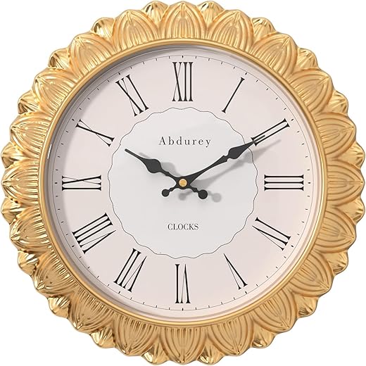 Abdurey 12 Inch Gold Sunflower Decorative Wall Clock, Silent Non Ticking Battery Operated Boho Decor Wall Clocks for Living Room,Kitchen,Farmhouse,Bedroom,Bathroom