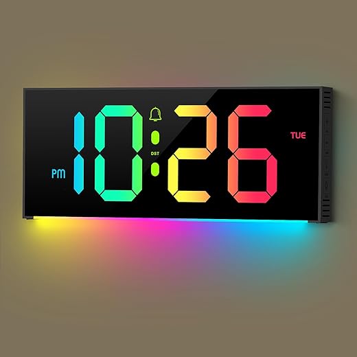 Abovsare 13" Alarm Clock with 12 RGB Colors Changing Remote Control, LED Clocks with Night Lights for Living Room Bedroom Office Wall Decor, Black(Adapter Include)