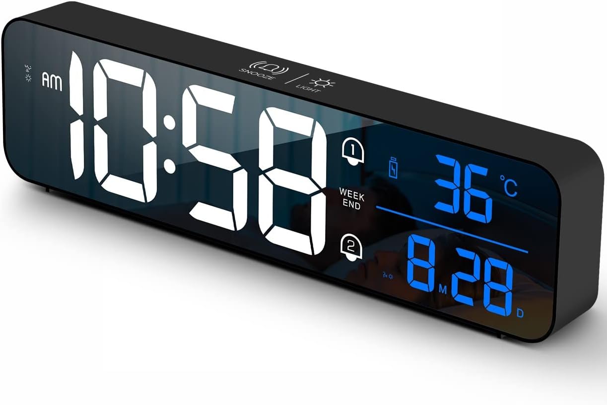 Abovsare Digital Clock Large Display, LED Alarm Clock for Living Room Decor, Rechargeable, Sound-Activated, Snooze, Date &Temp Display Digital Desk Clock for Bedroom Kitchen Office, Black