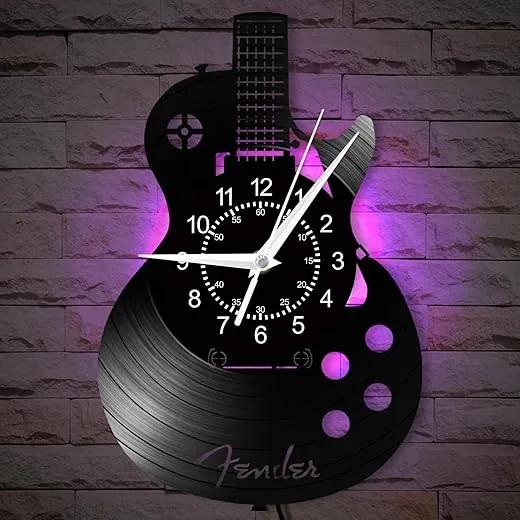 Acoustic Guitar Wall Clock, 12 Inch 7 Kinds of LED Color Music Instrument Wall Clock Silent Quartz Non Ticking, Modern Decorative Night Light Vinyl Record Wall Clock Watch for Music Room