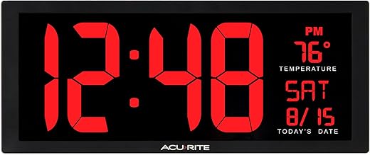 AcuRite Large Digital LED Oversized Wall Clock with Date and Temperature, Perfect for Home or Office (75127M), 14.5-Inch, Red