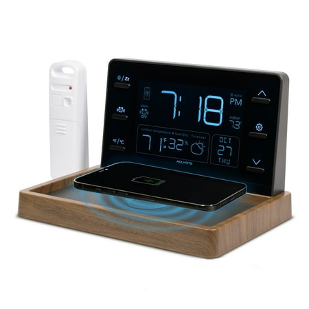 AcuRite Weather Valet with Wireless Charging Pad and Alarm Clock, Black with Walnut Finish (02047)