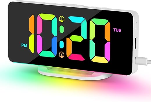 ALANAS RGB Digital Alarm Clock for Bedroom with Color Changing Night Lights, Dual Alarms with Snooze, Dimmer, Adjustable Alarm Volume, Dual USB and Type-C Charging Ports, Electronics Clocks.