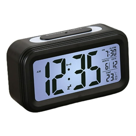 Alarm Clock 4.3 LED Display, Digital Alarm Clock with Battery Powered, Snooze, Easy to Use, Temperature Calendar, Light Control Portable Alarm Clocks Bedside for Adults Kids(Black)