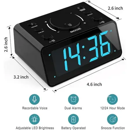 Alarm Clock, Dual Alarm, Recordable 15S Voice, Adjustable 3-Level Led Brightness, 1[1578]