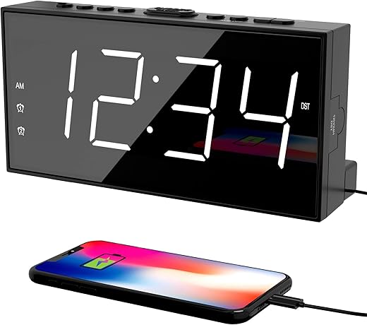 Alarm Clock for Bedroom, 2 Alarms Loud LED Big Display Plug in Simple Basic Digital Clock with USB Charging Port, Adjustable Volume, Dimmable, Snooze for Deep Sleepers Kids Elderly Home Office