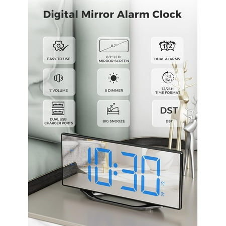 Alarm Clock For Bedroom,8.7Big Display Digital Led Mirror Clock With 2 Alarms,Adju[405]