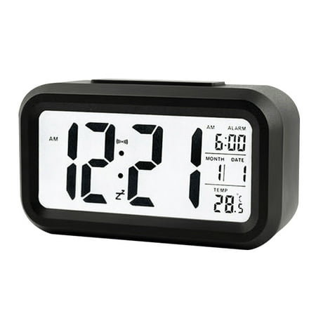 Alarm Clock for Bedrooms, Smart Night Light, Battery Operated Small Easy Desk Bedside Gifts Clock Black