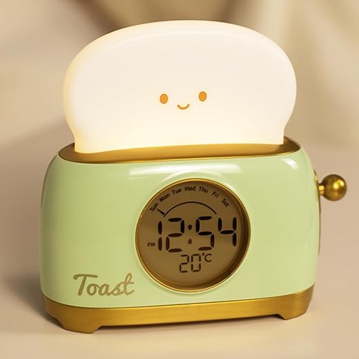 Alarm Clock for Kids, Cute Toast Night Light Alarm Clocks for Bedrooms, Dimming Rechargeable Small Led Desk Clock with Snooze & Countdown for Room Decor, Bedside Clock for Teen Girls Boys