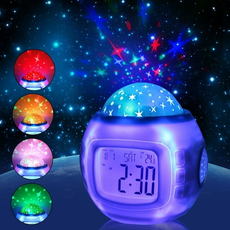 Alarm Clock, Kids Sleep Clock Starry Sky Night Light Star Projection Clock, Music Digital Clock with Backlight LED Night Light Calendar & Thermometer for Kids Boys Girls Children Bedroom Party