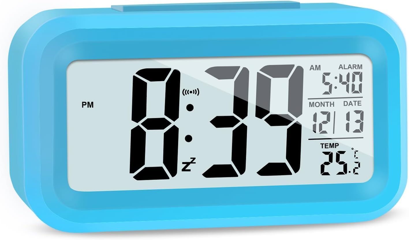 Alarm Clocks for Bedrooms,Digital Alarm Clock with LCD Screen,Snooze,12/24H,Battery Operated for Heavy Sleepers Adults Desk Travel Office-Pink (Blue)