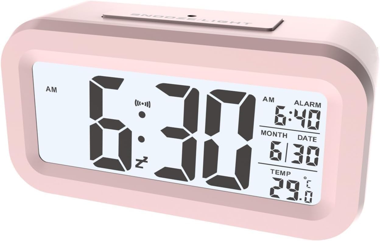 Alarm Clocks for Bedrooms,Digital Alarm Clock with LCD Screen,Snooze,12/24H,Battery Operated for Heavy Sleepers Adults Desk Travel Office-Pink (Pink)