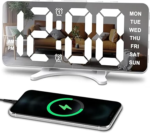 Alarm Clocks for Bedrooms, Slim LED Mirror Digital Alarm Clock, Large Display with Diming Mode, Dual Alarms & USB Ports, 4 Levels Brightness, Desk Clock for Office Home Bedroom Living Room Decor