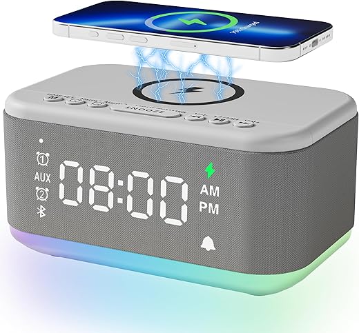 Alarm Clock Speaker Wireless Charger, Digital Alarm Clocks Bedrooms Bluetooth, Alarm Clock Dimmable Light Bedrooms Dual Alarm Snooze Dimmer 12 24H RGB Night Light Bluetooth USB AUX, Gray