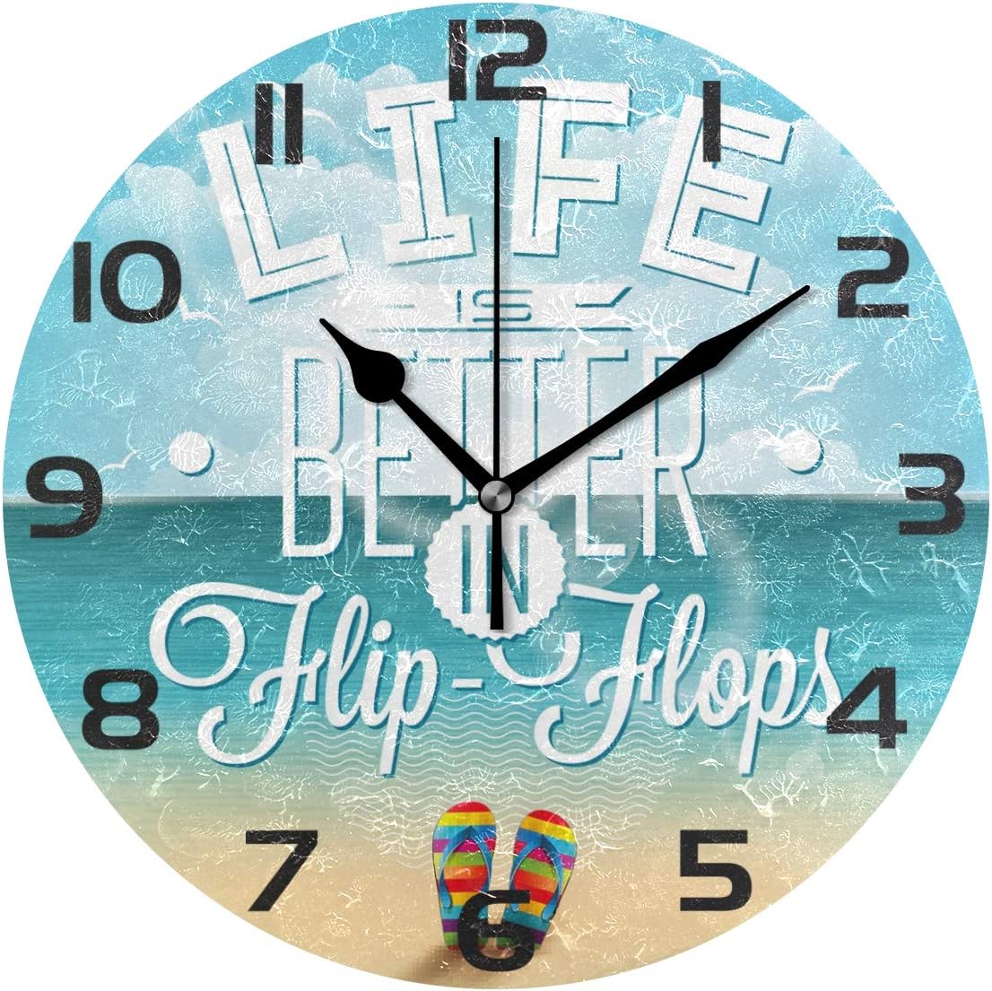 ALAZA Life is Better in Flip-Flops Seascape Clock Painted Silent Non-Ticking Round Wall Clock Home Art Bedroom Living Dorm Room Decor