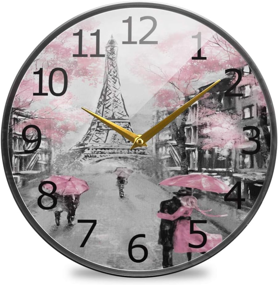 ALAZA Paris Eiffel Tower Couple Pink Floral Acrylic Painted Silent Non-Ticking Round Wall Clock, 12 Inch Battery Operated Quiet Bathroom Clock for Living Room Kitchen Office Decor