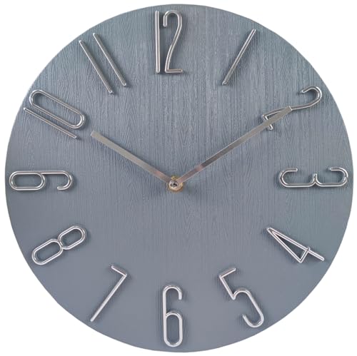 ALILUSSO 12 Inch Wall Clock Silent Non Ticking, 3D Relief Numbers Modern Style Decor Clock for Living Room Bedroom Kitchen Home Office School (Blue Grey)