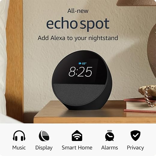 All-new Amazon Echo Spot (2024 release), Smart alarm clock with speaker and Alexa, Great for nightstands, offices and kitchens, Black