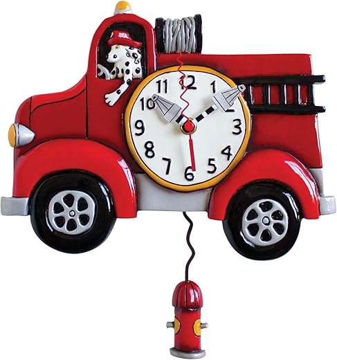 Allen Designs Enesco Big Red Firetruck with Dalmatian Dog Sculpted Pendulum Wall Clock, 11.25 Inch, Multicolor