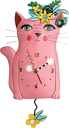 Allen Designs Enesco Pretty Kitty with Flowers Sculpted Pendulum Wall Clock, 14 Inch, Pink