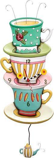 Allen Designs Enesco Spot of Tea Stacked Cups Sculpted Pendulum Wall Clock, 18 Inch, Multicolor