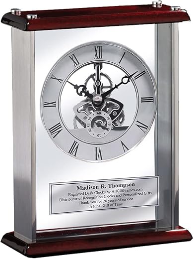 AllGiftFrames Employee Service Award Recognition Retirement Gift Personalized Engraved Desk Clock Silver Engraving Plate Large Silver Davinci Desk Clock Encased Glass Chrome Wood Cherry Top and Base