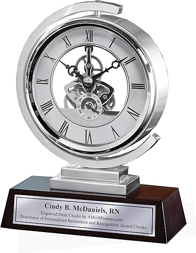 AllGiftFrames Gear Da Vinci Metal Silver Desk Clock Which Rotates 360 Degrees with Silver Engraving Plate. Unique Engineering, Anniversary, Retirement and Appreciation Award