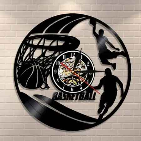 Amblelife Basketball Wall Clock Basketball Players Silhouette Wall Art Vinyl Record Wall Clock Slam Dunk Basketball Home Decor Sports Gift