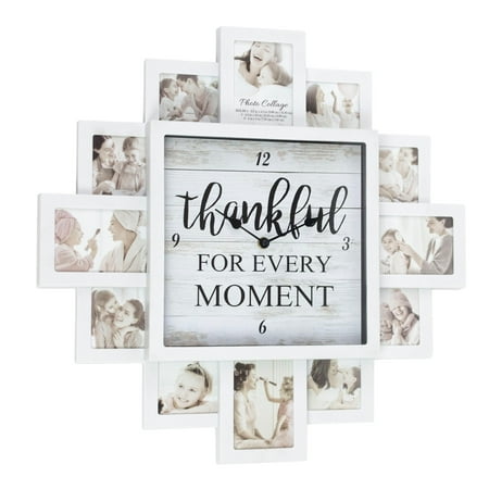 American Art Decor White Farmhouse Shabby-Chic Thankful Picture Frame Collage Wall Clock