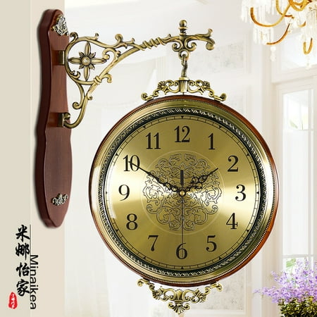 American Solid Wood Metal Double-Sided Wall Clock Mute European Living Room Two Sides Pocket Watch Creative Wall Clock Quartz Clock Large