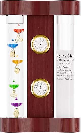 Analog Weather Station with Glass Galileo Thermometer Fitzroy Storm Glass Precision Quartz Clock and Analog Hygrometer Gift for Family or Friends Present Home, Office Indoor Décor (7" x 4.3")