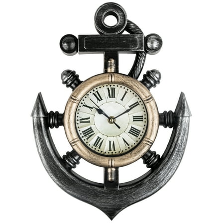 Anchor and Ships Wheel Large Nautical Themed Wall Clock, Weathered Iron Color With an Analog Quartz Non Ticking Sweep Movement