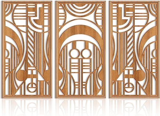 ANHUIB Large Framed Geometric Wood Wall Art Brown Hollow Wooden Wall Decor 16x32 Inch 3 Pieces Abstract Hanging Sculpture for Living Room Bedroom Office