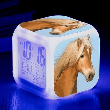 Animal world Horses Digital Alarm Clock（D）, Colorful Lights Alarm Clock Square Clock, Best Gift for Boys and Girls, Room Decoration for Kids, LED Digital Alarm Clocks