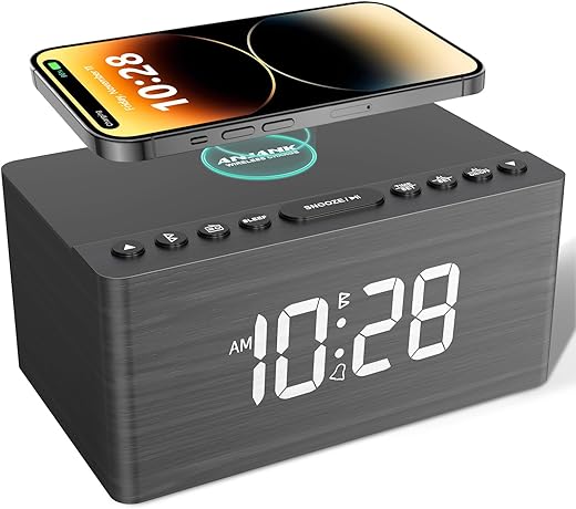 ANJANK Wooden Bluetooth Speaker Alarm Clock with Fm Radio, Wireless Charging Station for iPhone/Samsung, USB Charger Port, Dimmable Display, Sleep Timer, Digital Wood Clock for Bedroom, Bedside