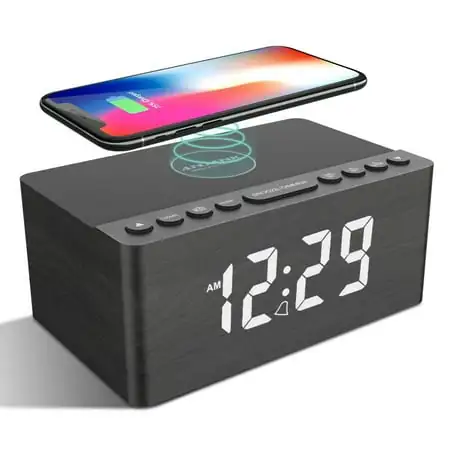 ANJANK Wooden Digital Alarm Clock FM Radio,10W Fast Wireless Charger Station for iPhone/Samsung Galaxy,5 Level Dimmer,USB Charging Port,2 Wake up Sounds,Bedrooms Sleep Timer,Wood LED Clock