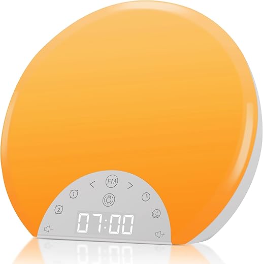 ANTDALIS Sunrise Alarm Clock Wake Up Light for Kids, Adults, Heavy Sleepers with Dual Alarms, Snooze, Sleep Aid with 7 Nature Sounds for Bedrooms with 8 Colors Night Light, FM Radio, Gift Ideas