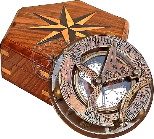 Antique Brass Sundial Compass with Wooden Box and Chart | Working Compass | Gilbert & Sons London Sun Clock Decorations Ship Replica Watch