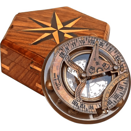 Antique Brass Sundial Compass with Wooden Box and Chart | Working Compass | Gilbert & Sons London Sun Clock Decorations Ship Replica Watch