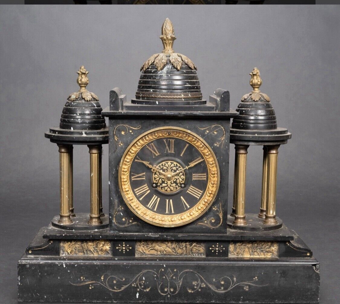 Antique Clock - French Empire Marble Bronze Mantel Clock