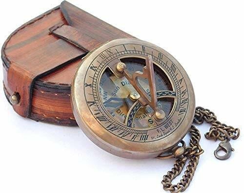 Antique Handmade Nautical Brass Sundial Compass with Chain & Wooden Case Gift