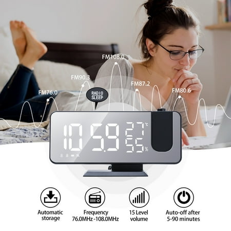 Anvazise Alarm Clock Radio Function Big Number Large Screen USB Charging Port 180 Degree Rotating LED Projection Electric Clock Daily Use White One Size