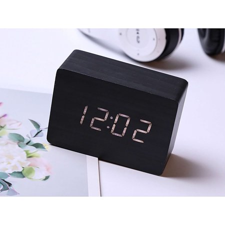 Aolyty LED Wooden Alarm Clock, Rectangle shape, Voice control Clock Light with Temperature Date Display(Black, blue number)