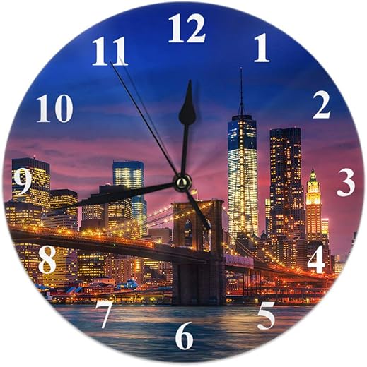 AOYEGO Bridge Wall Clock Cityscape New York Night City Landmarks Building Panorama Beautiful Round Clocks Wall Decorative Silent No Ticking 10 inch 25cm PVC Rustic Modern for Bedroom