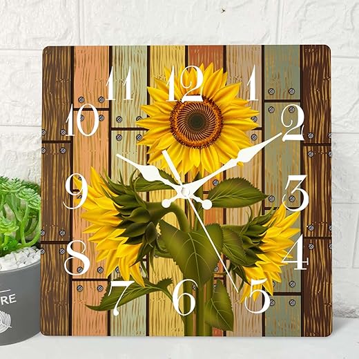 ArtSocket Sunflower Leaves Wooden Wall Clock Silent Non-Ticking, Floral Flower Summer Vintage Square Rustic Wall Clocks Decor for Home Kitchen Living Room Office, Battery Operated(12 Inch)