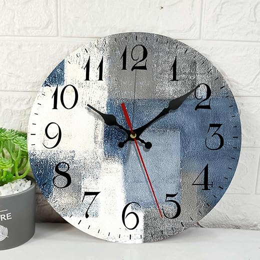 ArtSocket Wooden Wall Clock Silent Non-Ticking, Blue White Grey Abstract Painting Gray Vintage Modern Lines Round Wall Clocks Decor for Home Kitchen Living Room Office(12 Inch)